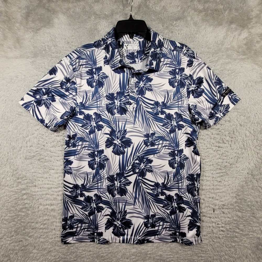 Yatta Golf Polo Shirt Mens Small Blue White Tropical Hibiscus Floral Stretch